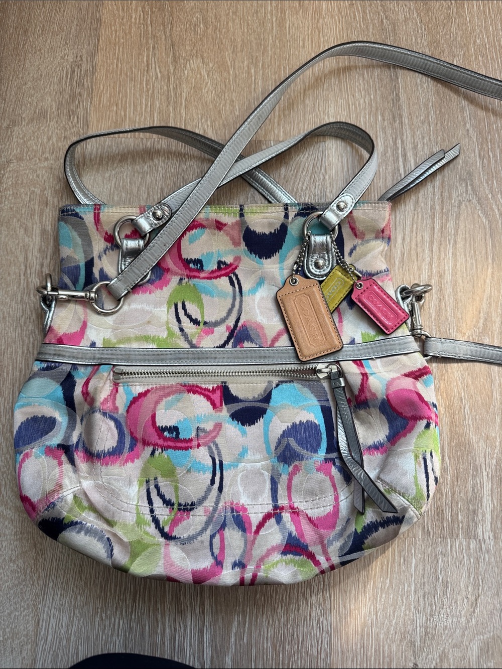 Coach Multicolor Circle-Print Shoulder Bag with Silver Straps